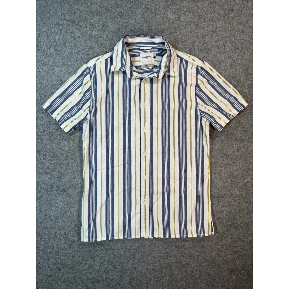 Goodfellow & Co Mens Small Short Sleeve Button Down Shirt Blue Yellow Striped
